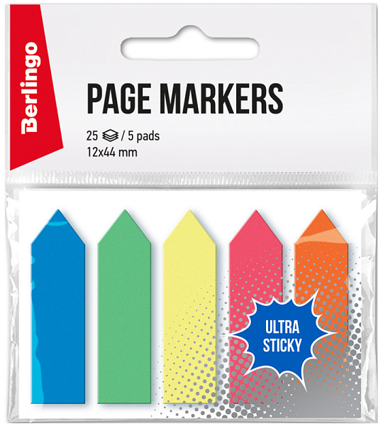 Флажки-закладки пластиковые Berlingo "Ultra Sticky", 12*44мм, стрелки, 25л*5 неоновых цветов