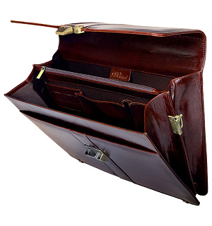 Портфель Delucci "Гиперион", кожа, темный коньяк, 2 отделения, метал. замок, с ремнем
