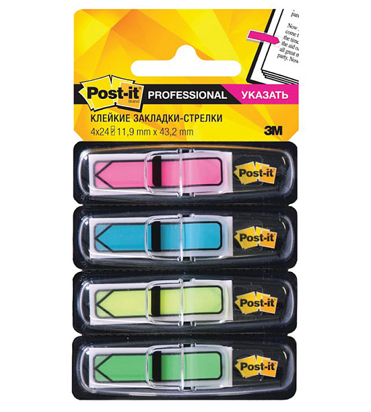 Флажки-закладки Post-it "Professional", суперклейкие, 43*12мм, 24л*4цв., неон, в индивидуальных диспенсерах, блистер