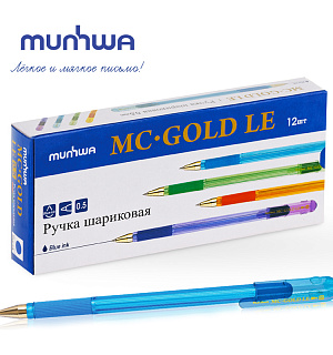 Ручка шариковая MunHwa "MC Gold LE" синяя, 0,5мм, грип, штрих-код, корпус ассорти