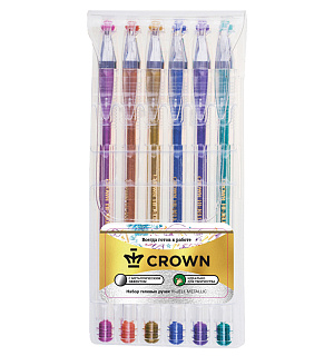 Набор гелевых ручек Crown "Hi-Jell Metallic" 6шт., 06цв., 0,7мм, металлик, ПВХ уп., европодвес