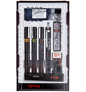 Набор изографов Rotring 0,2/0,3/0,5мм, мех. карандаш 0,5мм, грифели, ластик, насадка для циркуля