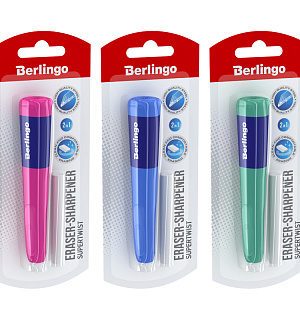 Точилка пластиковая с ластиком Berlingo "Supertwist" 1 отверстие, блистер, ассорти