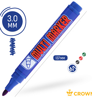 Маркер перманентный Crown "Multi Marker" синий, пулевидный, 3мм