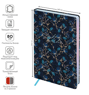 Ежедневник недатированный А5, 136л., кожзам, Greenwich Line "Night garden. Blue", тон. блок