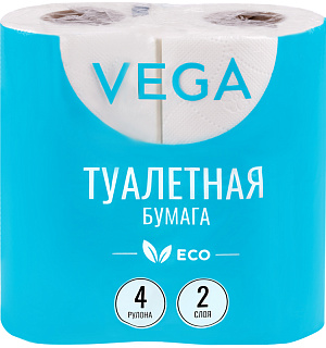 Бумага туалетная Vega 2-слойная, 4шт., эко, 15м, тиснение, белая