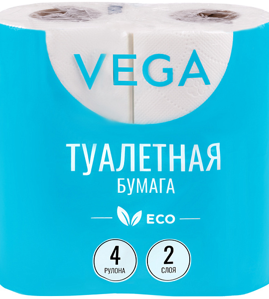 Бумага туалетная Vega 2-слойная, 4шт., эко, 15м, тиснение, белая