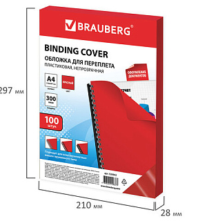 Обложки пластиковые для переплета, А4, КОМПЛЕКТ 100 шт., 300 мкм, красные, BRAUBERG, 530942