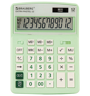 Калькулятор настольный BRAUBERG EXTRA PASTEL-12-LG (206x155 мм), 12 разрядов, двойное питание, МЯТНЫЙ, 250488