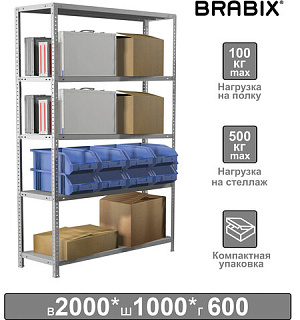 Стеллаж металлический BRABIX "MS KD-200/60-5", 2000х1000х600 мм, 5 полок, сборная стойка, 291121, S240BR246502