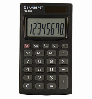 Калькулятор карманный BRAUBERG PK-408-BK (97x56 мм), 8 разрядов, двойное питание, ЧЕРНЫЙ, 250517