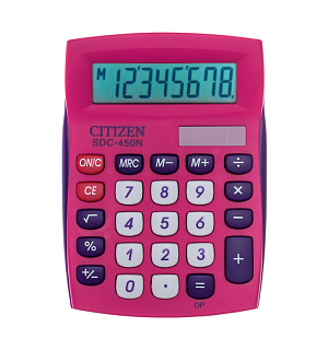 Калькулятор настольный Citizen SDC-450NPKCFS, 8 разрядов, двойное питание, 87*120*22мм, розовый
