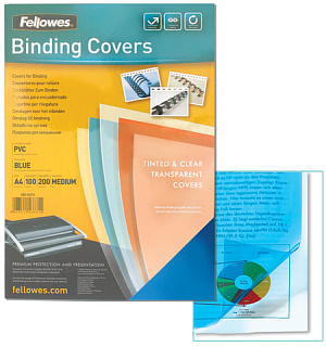 Обложки пластиковые для переплета А4, КОМПЛЕКТ 100 шт., 200 мкм, прозрачно-синие, FELLOWES, FS-53771