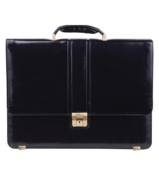 Портфель Delucci "Стефано", кожа, черный, 2 отделения, метал. замок, с ремнем