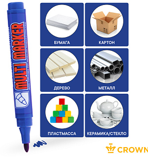 Маркер перманентный Crown "Multi Marker" синий, пулевидный, 3мм