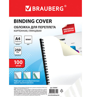Обложки картонные для переплета, А4, КОМПЛЕКТ 100 шт., глянцевые, 250 г/м2, белые, BRAUBERG, 530840