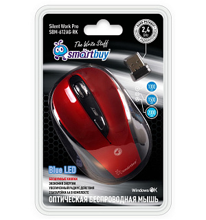 Мышь беспроводная Smartbuy 612AG, бесшумная работа кнопок, красный, 5btn+Roll