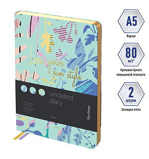 Ежедневник недатированный, А5, 136л., кожзам, Berlingo "Style", золотой срез, зеленый, с рисунком