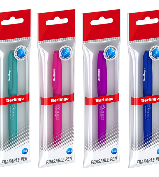 Ручка гелевая стираемая Berlingo "Correct" синяя, 0,6мм, прорезин. корпус, корпус ассорти, пакет с европодвесом