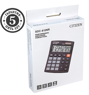 Калькулятор настольный Citizen SDC-810NR, 10 разрядов, двойное питание, 102*124*25мм, черный