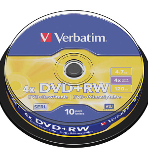 Диск DVD+RW 4.7Gb Verbatim 4x Cake Box (10шт)