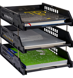 Лоток для бумаг горизонтальный СТАММ "Strong", набор 3шт., на метал. стержнях, черный