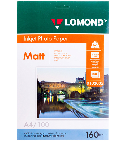 Фотобумага А4 для стр. принтеров Lomond, 160г/м2 (100л) матовая односторонняя