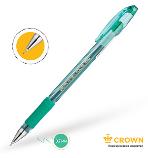 Ручка гелевая Crown "Hi-Jell Needle Grip" зеленая, 0,7мм, грип, игольчатый стержень, штрих-код