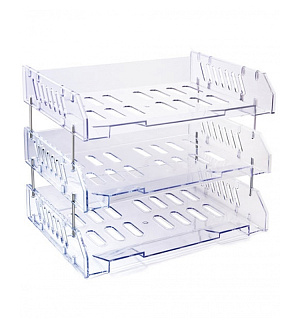 Лоток для бумаг горизонтальный СТАММ "Сити", набор 3шт., на мет. стержнях, широкая загрузка, прозрачный