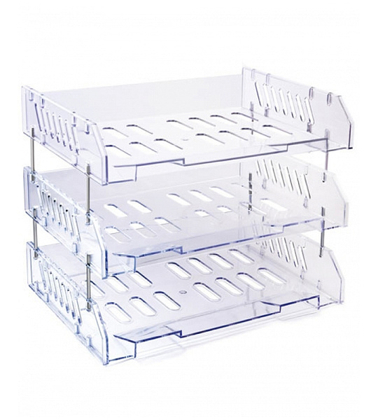 Лоток для бумаг горизонтальный СТАММ "Сити", набор 3шт., на мет. стержнях, широкая загрузка, прозрачный