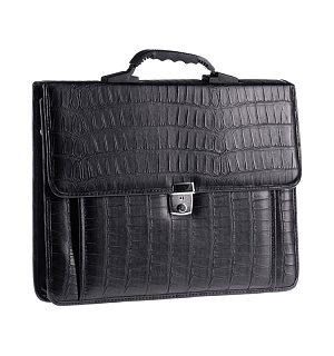 Портфель OfficeSpace "Palermo", кожзам, кайман, черный, 3 отделения, метал. замок, с ремнем