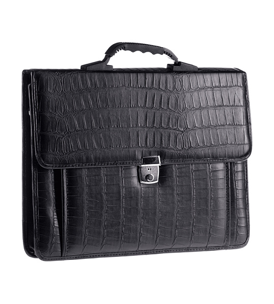 Портфель OfficeSpace "Palermo", кожзам, кайман, черный, 3 отделения, метал. замок, с ремнем