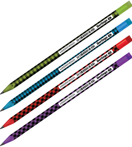 Карандаш ч/г Berlingo "Squares", круглый, с ластиком, заточен., пластиковый, ассорти