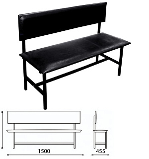 Банкетка со спинкой "Берта" 1500х455х864 мм, усиленная, черный каркас, кожзам черный