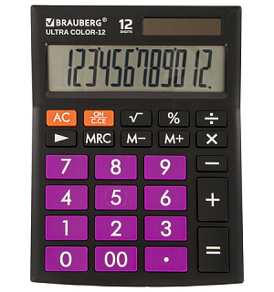 Калькулятор настольный BRAUBERG ULTRA COLOR-12-BKPR (192x143 мм), 12 разрядов, двойное питание, ЧЕРНО-ФИОЛЕТОВЫЙ, 250501