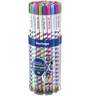 Карандаш ч/г Berlingo "Supertwist" HB, круглый, заточен., с ластиком, ассорти