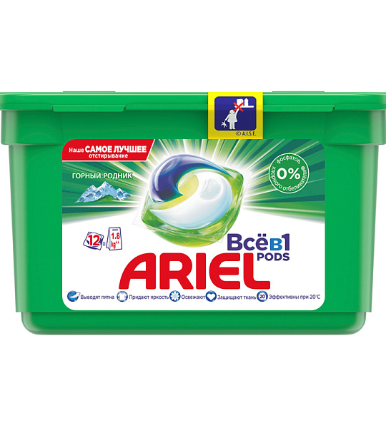 Капсулы для машинной стирки Ariel "Горный родник", 3в1 Pods, 12шт.*27г (ПОД ЗАКАЗ)