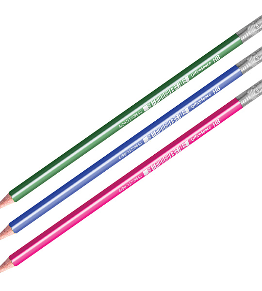 Карандаш ч/г OfficeSpace, HB, трехгранный, заточен., пластиковый, с ластиком, корпус ассорти с полоской