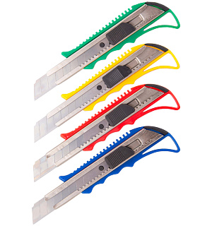 Нож канцелярский 18мм OfficeSpace, усиленный, с фиксатором, металл. направляющие, ассорти, европодвес