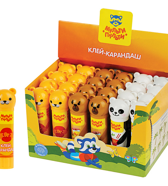 Клей-карандаш Мульти-Пульти "Зверята: Кот, Мишка, Панда", 09г, колпачок в форме животного, ПВП