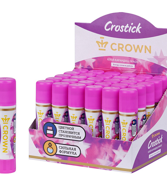 Клей-карандаш Crown "Indicator", 08г, с цветным индикатором, ПВП