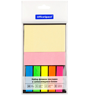 Флажки-закладки и самоклеящиеся блоки в наборе OfficeSpace, 48*12мм* 5цв., 75*51мм*1цв., 75*25мм *1цв., по 20л., неоновые цвета флажков