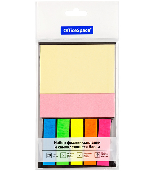 Флажки-закладки и самоклеящиеся блоки в наборе OfficeSpace, 48*12мм* 5цв., 75*51мм*1цв., 75*25мм *1цв., по 20л., неоновые цвета флажков