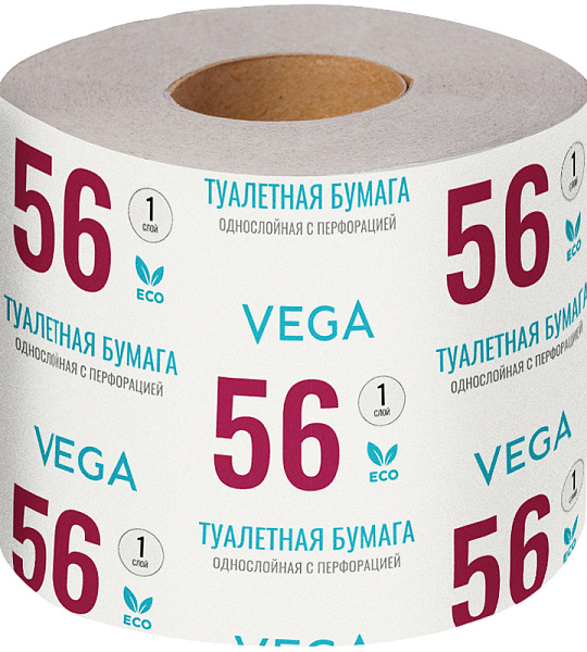 Бумага туалетная Vega, 1-слойная, 56м/рул., на втулке, с перф., серая