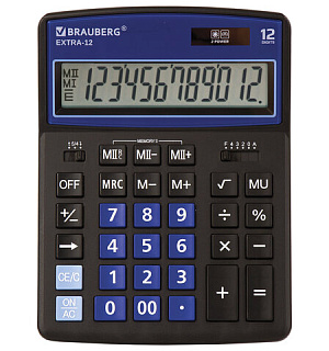 Калькулятор настольный BRAUBERG EXTRA-12-BKBU (206x155 мм), 12 разрядов, двойное питание, ЧЕРНО-СИНИЙ, 250472