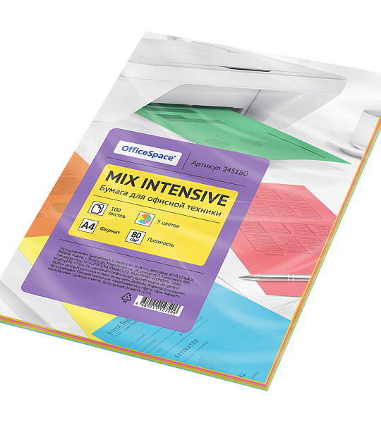 Бумага цветная OfficeSpace intensive mix А4, 80г/м2, 100л. (5 цветов)