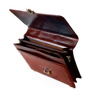 Портфель Delucci "Стефано", кожа, темный коньяк, 2 отделения, метал. замок, с ремнем