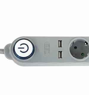 Сетевой фильтр SONNEN DX04, 4 розетки, 2 USB-порта, с заземлением, 10 А, 1,5 м, серый, 513493