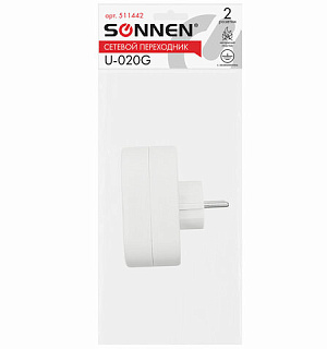 Сетевой тройник SONNEN U-020G, 2 розетки, с заземлением, 16 А, белый, 511442
