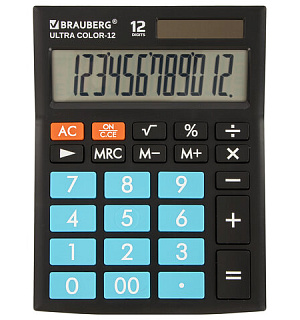 Калькулятор настольный BRAUBERG ULTRA COLOR-12-BKBU (192x143 мм), 12 разрядов, двойное питание, ЧЕРНО-ГОЛУБОЙ, 250497